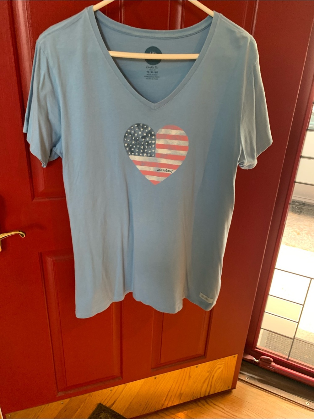 Life Is Good Women's Light Blue V-Neck Tee with American Flag Heart